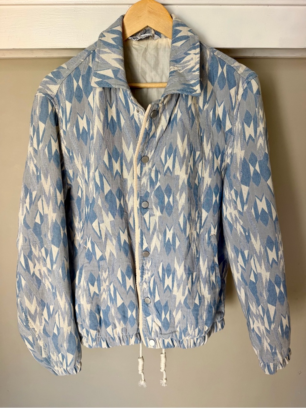 Zara Light Blue and White Patterned Shirt Jacket